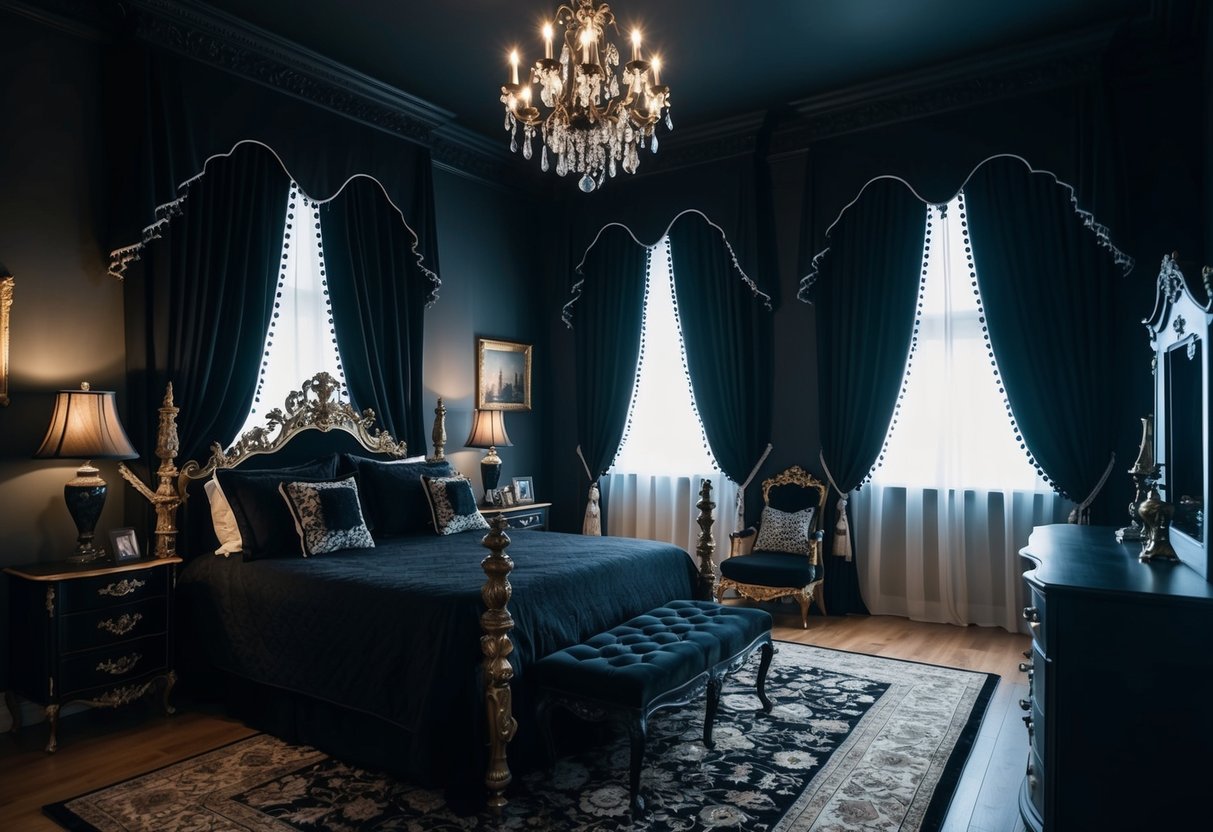 A gothic bedroom with black curtains, dim lighting, and ornate furniture. Dark colors dominate the room, creating a moody and mysterious atmosphere