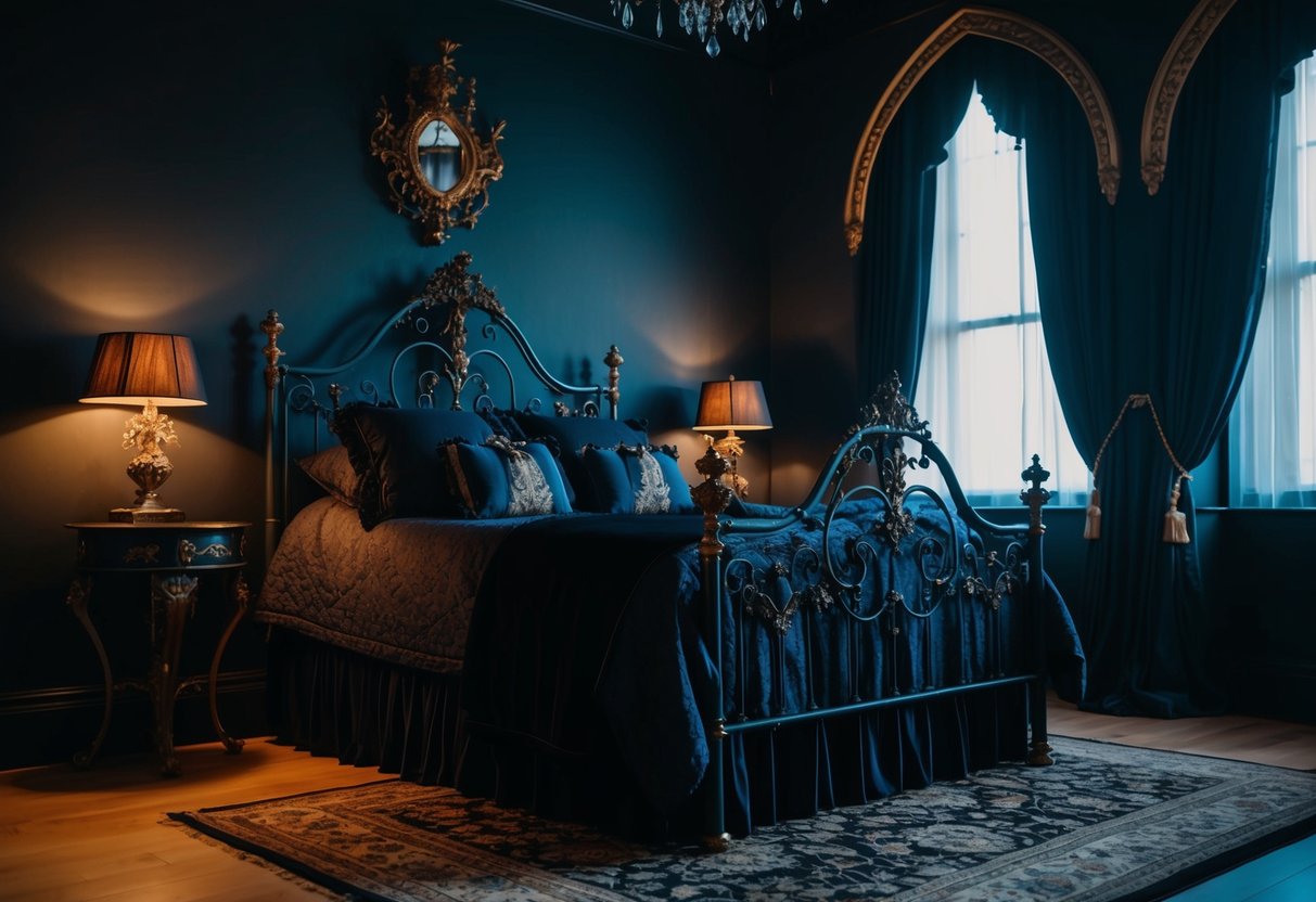 An antique iron bed frame sits in a dimly lit gothic bedroom, adorned with rich, dark fabrics and ornate details