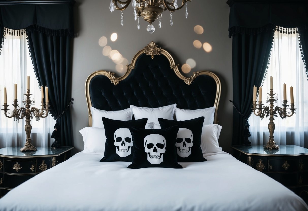 A bed with skull accent pillows surrounded by gothic decor, including dark curtains, candelabras, and ornate furniture