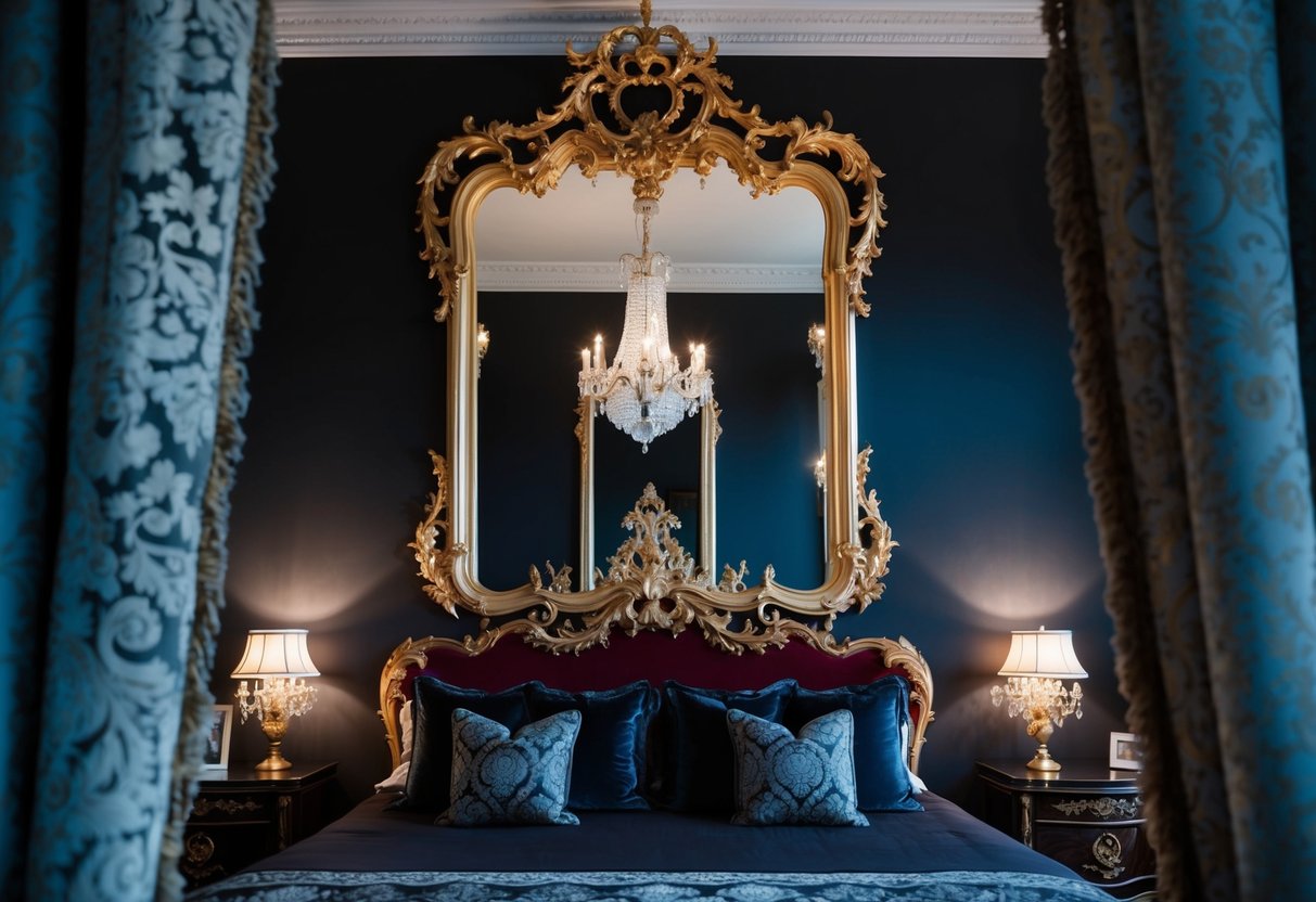 A grand Baroque style mirror hangs above a lavish, dark Gothic bedroom adorned with ornate details and rich, opulent fabrics