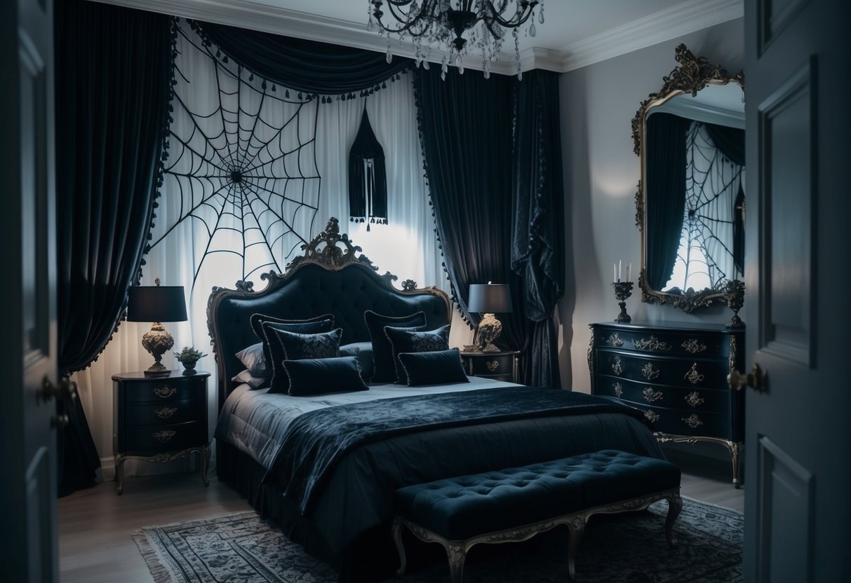 A dimly lit gothic bedroom with cobweb wall art, featuring dark, ornate furniture and dramatic drapery