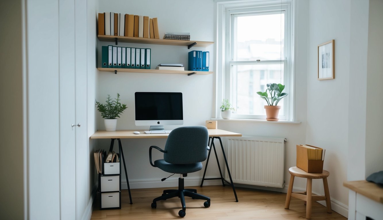 A small, simple office space with a desk, chair, and computer. A few shelves hold books and files. A plant sits in the corner. Light filters in through a window