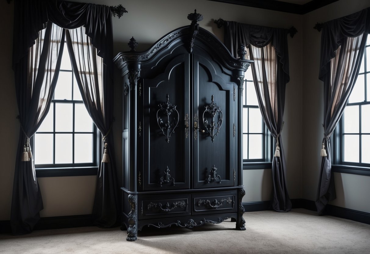 A gothic armoire stands in a dimly lit bedroom, adorned with ornate carvings and intricate metal hardware. Heavy drapes hang from the windows, casting dramatic shadows across the room