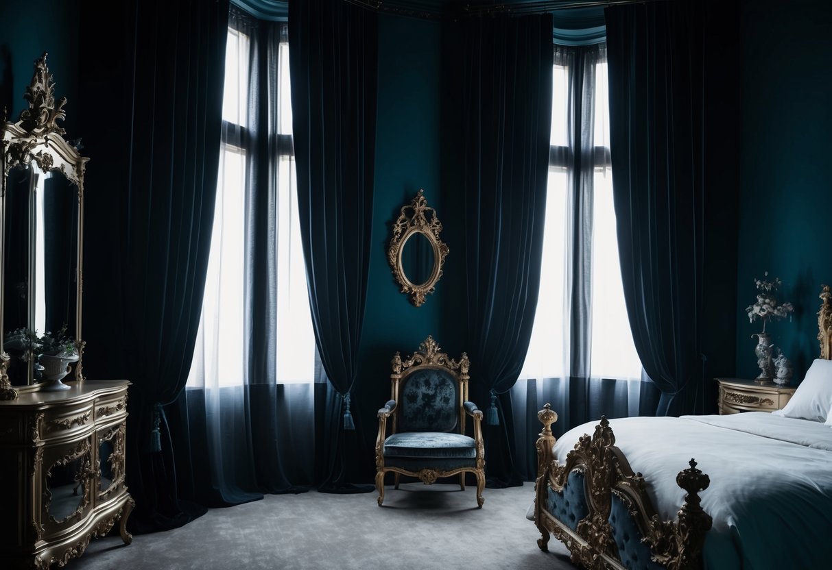 Heavy velvet curtains hang in a dimly lit gothic bedroom, casting deep shadows across ornate furniture and eerie decor