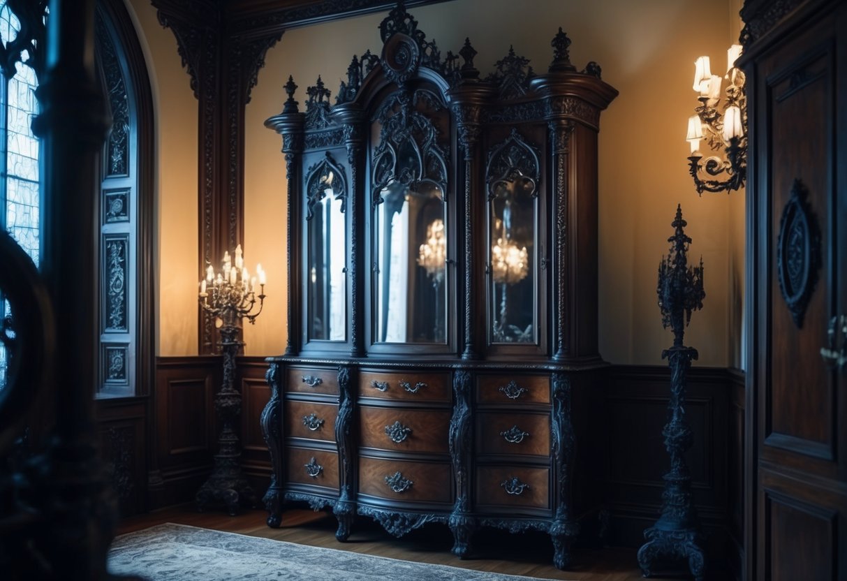 A grand Victorian dresser stands in a dimly lit, ornately decorated gothic bedroom, adorned with intricate carvings and dark, rich wood