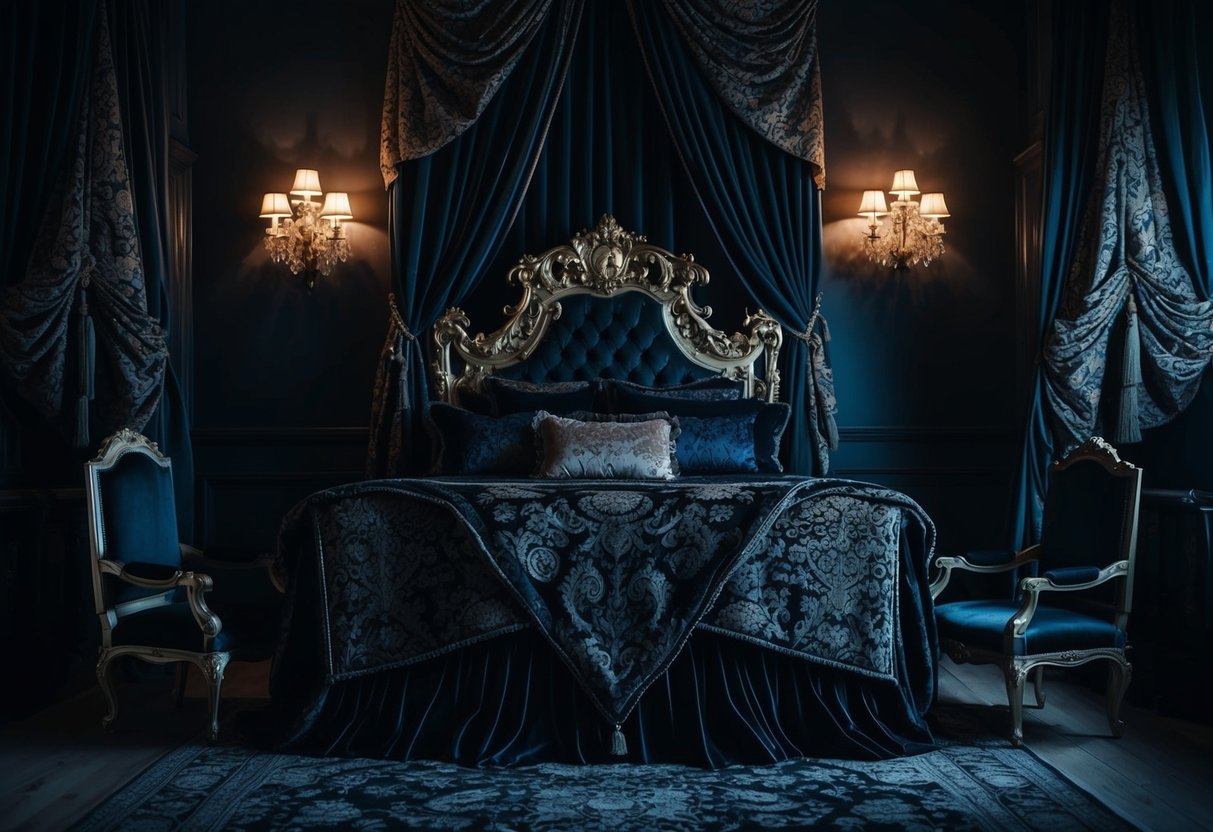 A dimly lit room with heavy, ornate furniture, draped in rich, dark fabrics. Intricate patterns and textures create a sense of mystery and opulence