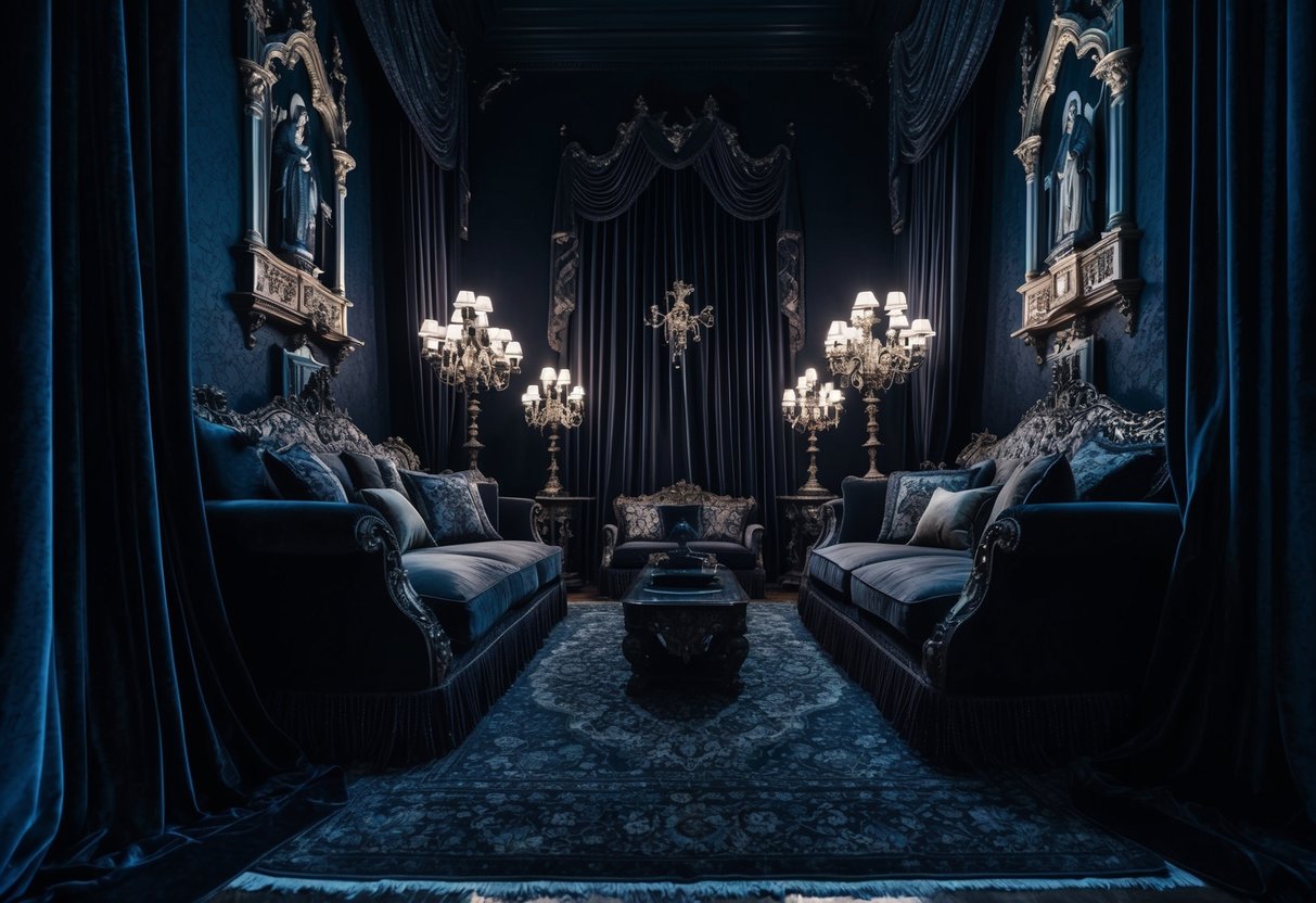 A dimly lit room with heavy, ornate furniture, draped in rich, dark fabrics. Intricate patterns and textures add depth to the space, while gothic-inspired decor such as candelabras and religious iconography create an eerie atmosphere