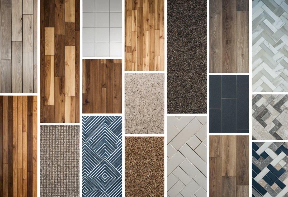 A room with 16 different flooring styles, including hardwood, carpet, tile, and laminate. Each section is clearly defined with borders or transitions