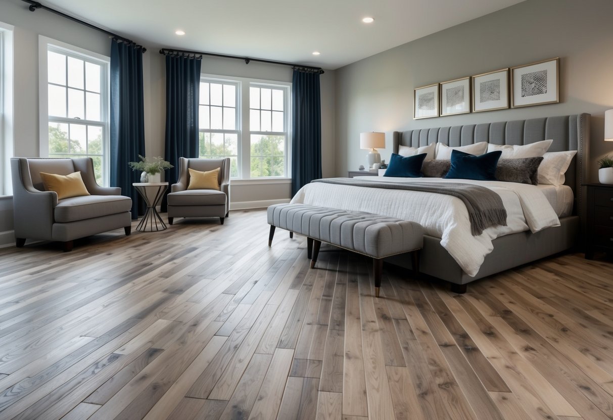 A spacious bedroom with engineered wood flooring, featuring various design options such as herringbone, wide planks, and parquet patterns