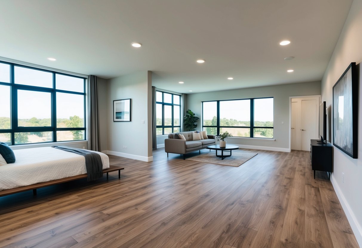 A spacious bedroom with modern laminate flooring in a warm, natural wood tone. The room is well-lit with large windows and minimalist decor