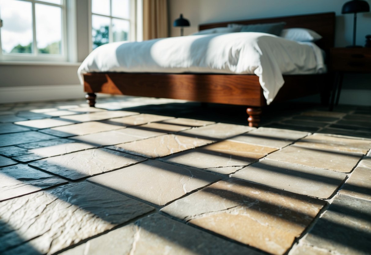 A bedroom with stone tile flooring, arranged in a pattern, with natural light streaming in through a window, casting shadows on the textured surface