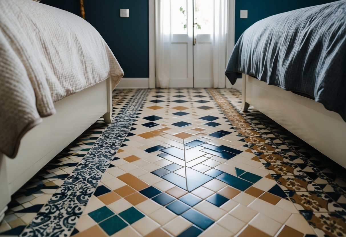 A bedroom with ceramic tile flooring, featuring a variety of patterns and colors. The tiles are arranged in a symmetrical and visually appealing layout