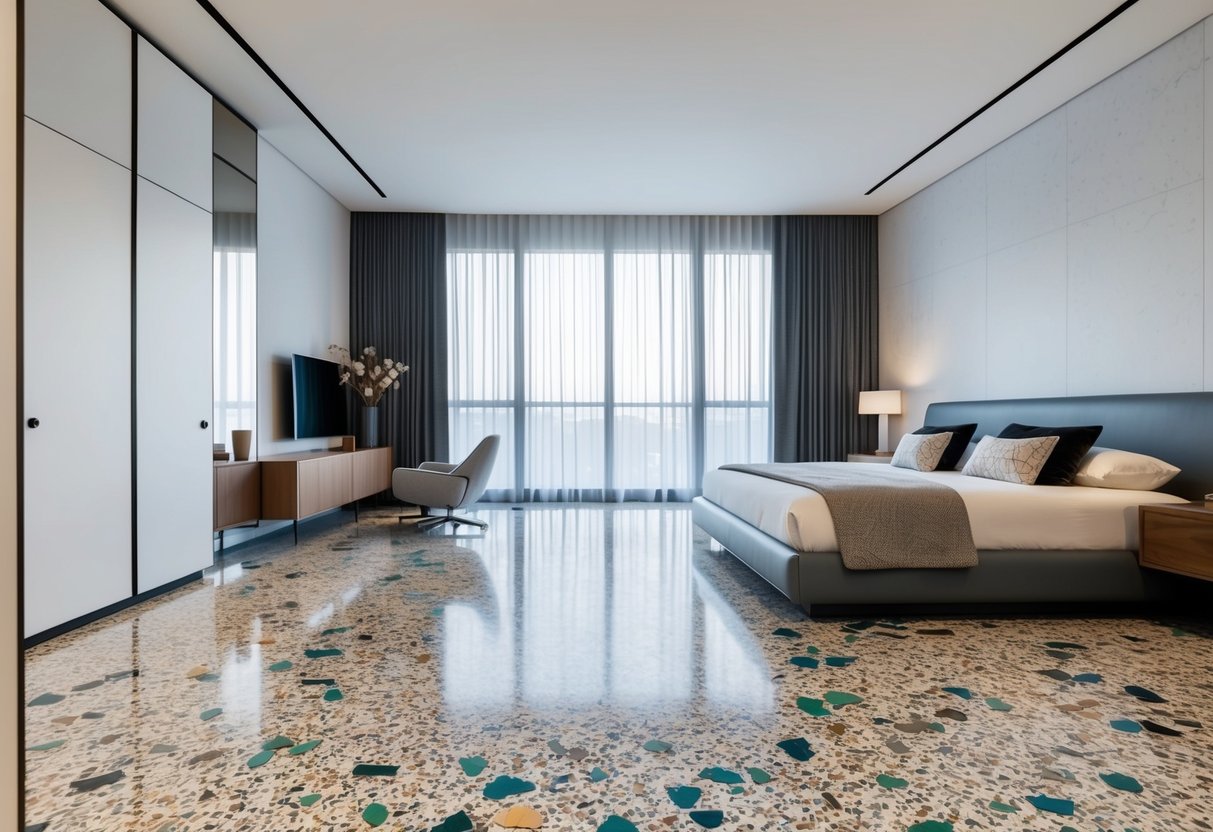 A spacious bedroom with sleek terrazzo flooring, featuring a modern and elegant design with a blend of colorful marble chips and polished concrete