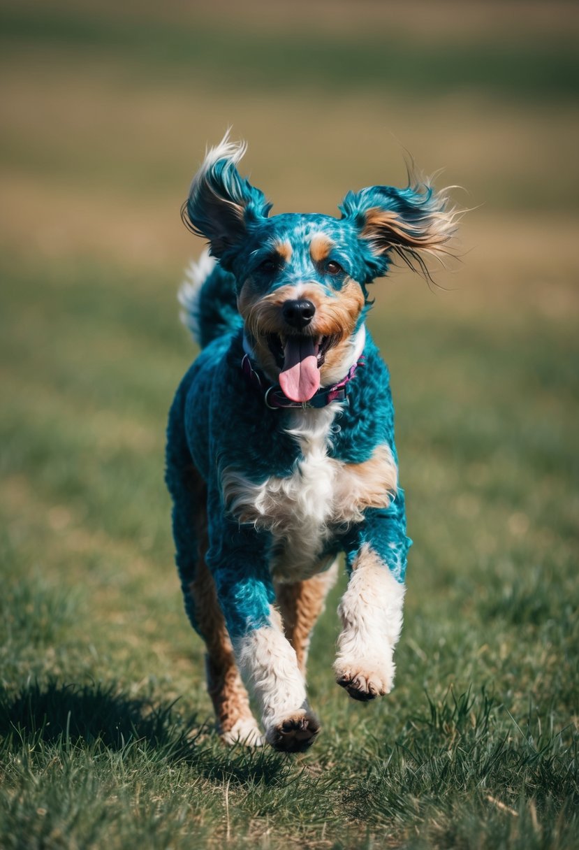 A blue heeler poodle mix dog running through a grassy field, with its tongue hanging out and ears flopping in the wind