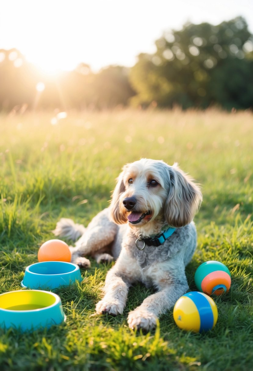 A blue heeler poodle mix parent lounges in a grassy field, surrounded by toys and a water bowl. The sun shines down, casting a warm glow