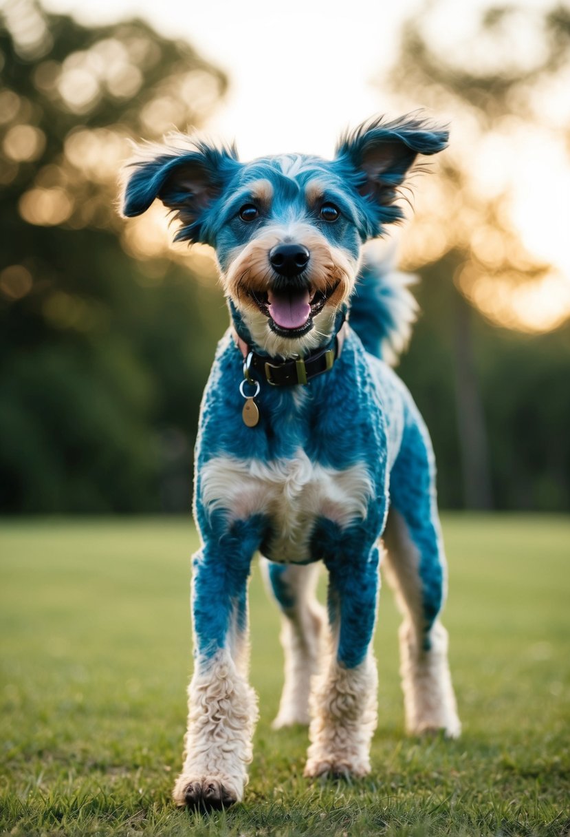 A blue heeler poodle mix stands alert, ears perked and tail wagging, with a playful and energetic expression