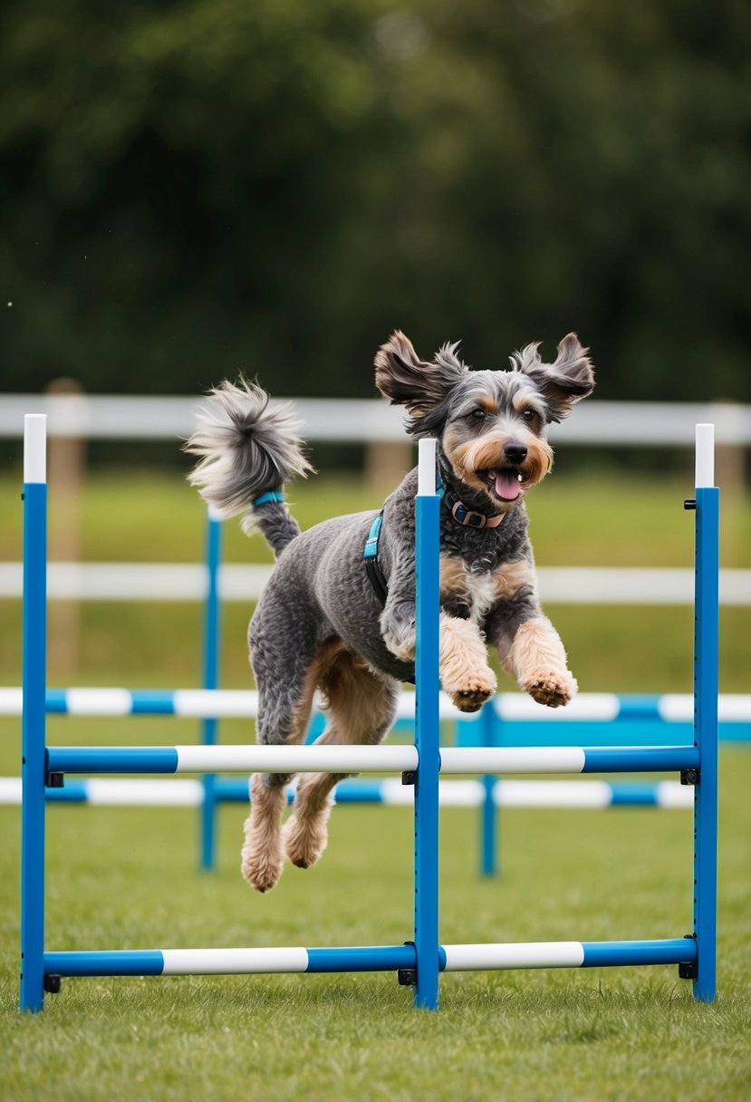 A blue heeler poodle mix runs through an agility course, jumping over hurdles and weaving through poles. Its tail wags eagerly as it completes each task