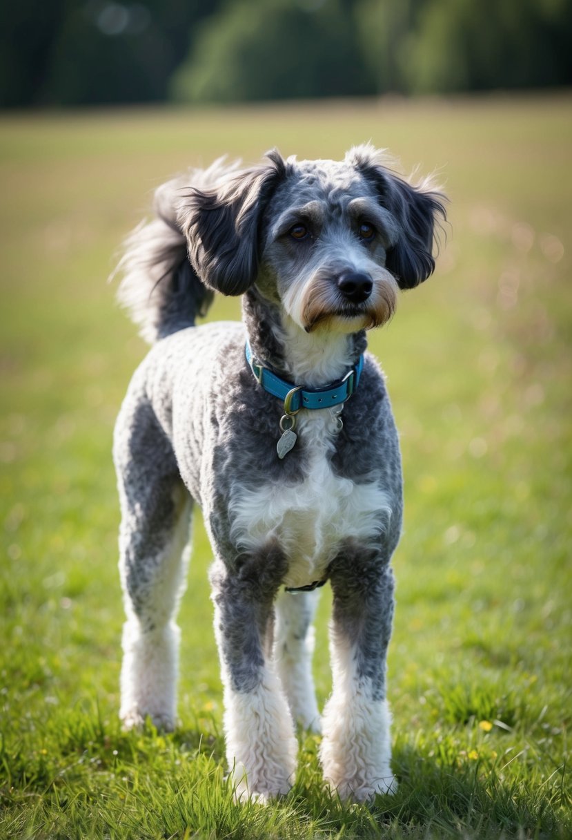 A blue heeler poodle mix stands in a grassy field, its fluffy coat a mix of gray, white, and black. Its ears perk up as it gazes off into the distance