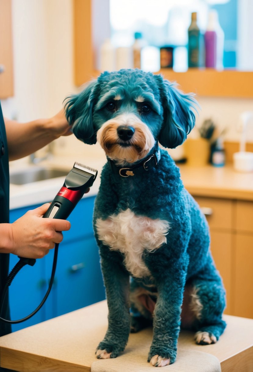 A blue heeler poodle mix being groomed with clippers and brushes