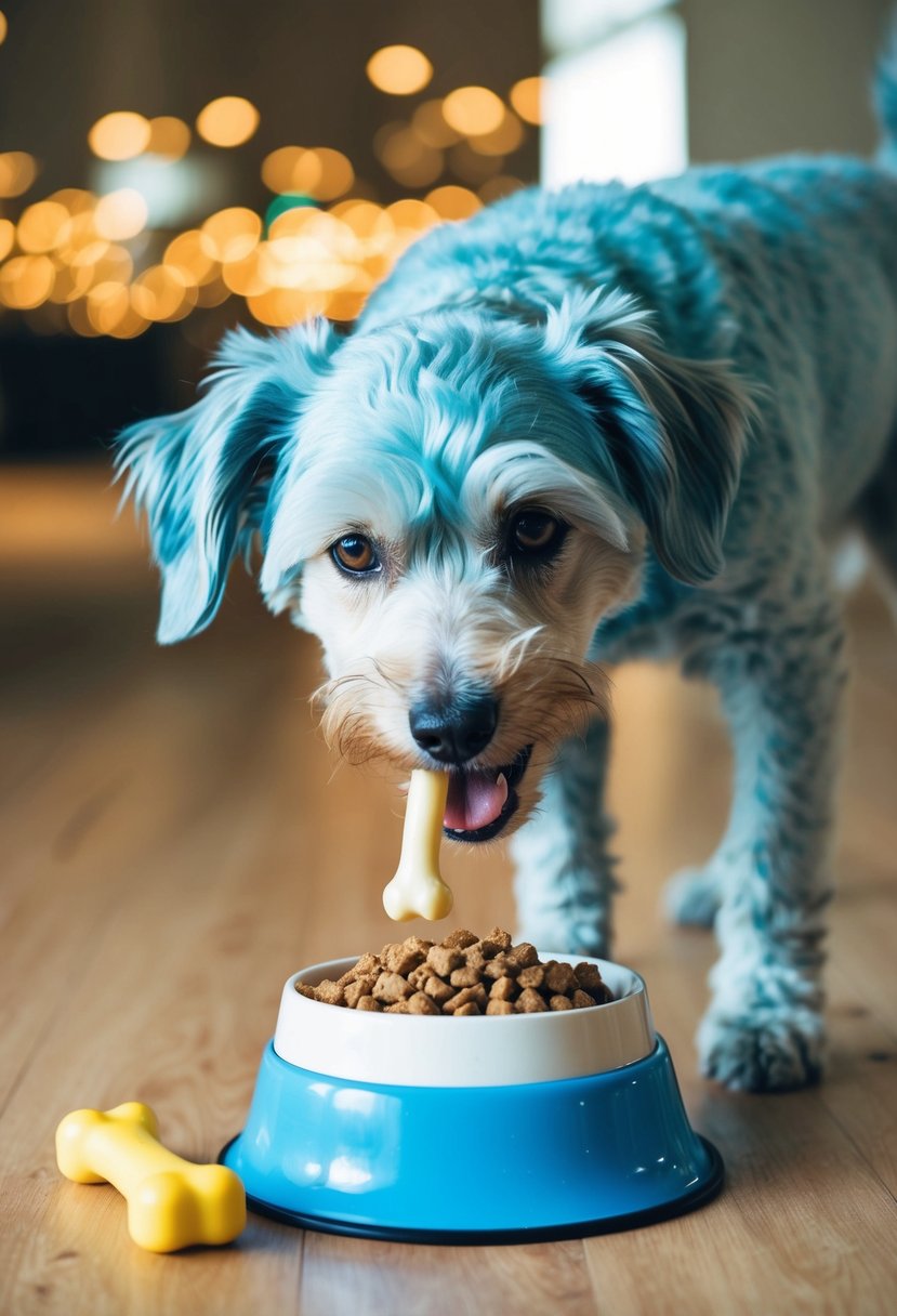 A blue heeler poodle mix dog eagerly eats from a bowl of balanced diet food, with a bone-shaped chew toy nearby