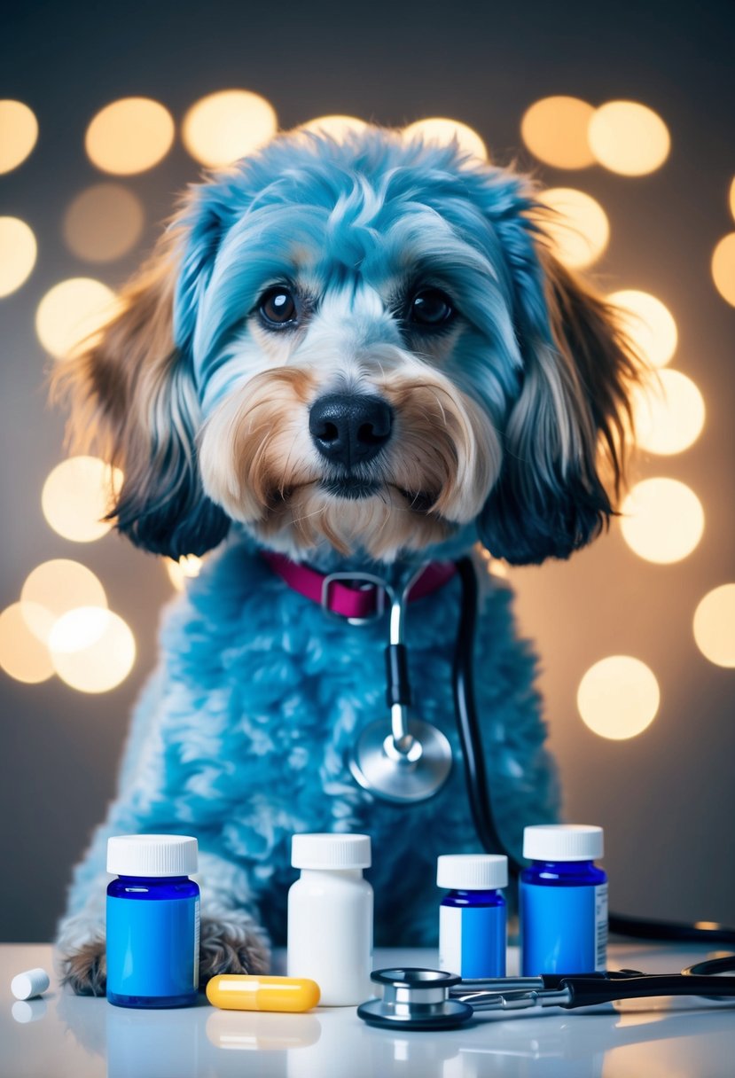 A blue heeler poodle mix dog with a concerned expression, surrounded by pill bottles and a stethoscope