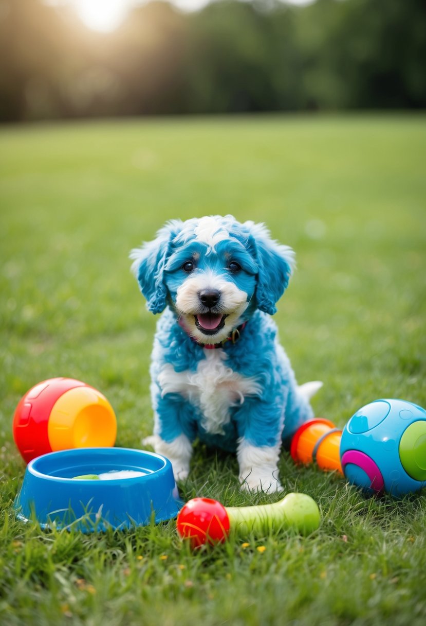 A playful blue heeler poodle mix puppy sits on a grassy field, surrounded by colorful toys and a water bowl