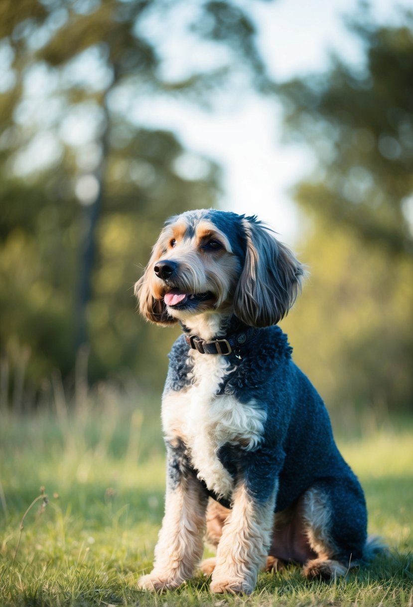 A blue heeler poodle mix sits peacefully, gazing into the distance with a content expression, surrounded by a serene natural setting