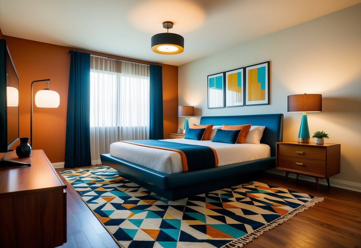 A midcentury bedroom with a sleek platform bed, geometric patterned rug, retro nightstands, and a statement lighting fixture. Warm wood tones and bold colors create a stylish and inviting space