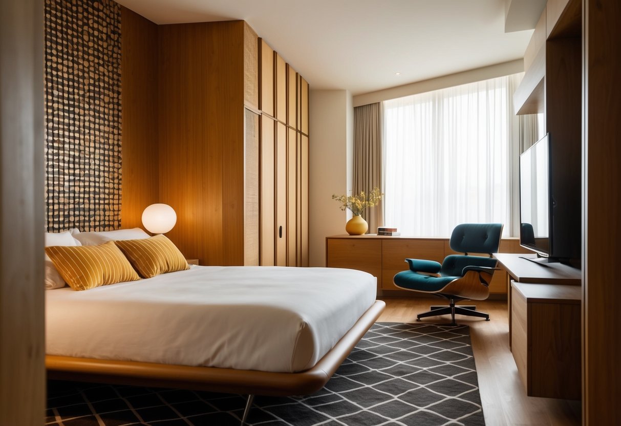 A midcentury bedroom with an Eames Molded Plywood Chair 18 as the focal point, surrounded by sleek furniture, geometric patterns, and warm wood tones