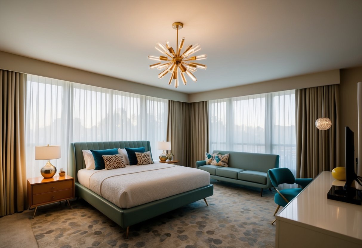 A midcentury bedroom with a Sputnik chandelier as the focal point, surrounded by sleek furniture and retro decor