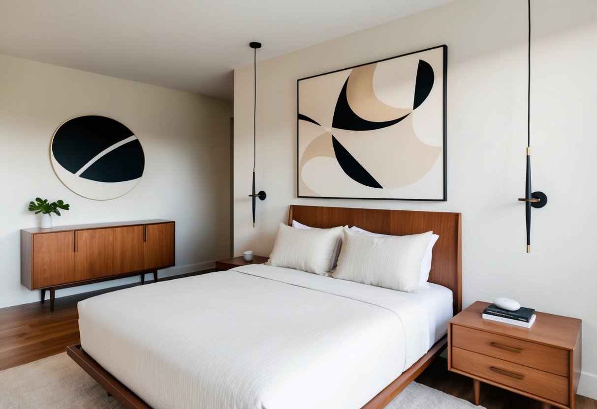 A modern, midcentury bedroom with minimalist furniture and a large, abstract wall art piece. The room has clean lines, warm wood tones, and a soft, neutral color palette