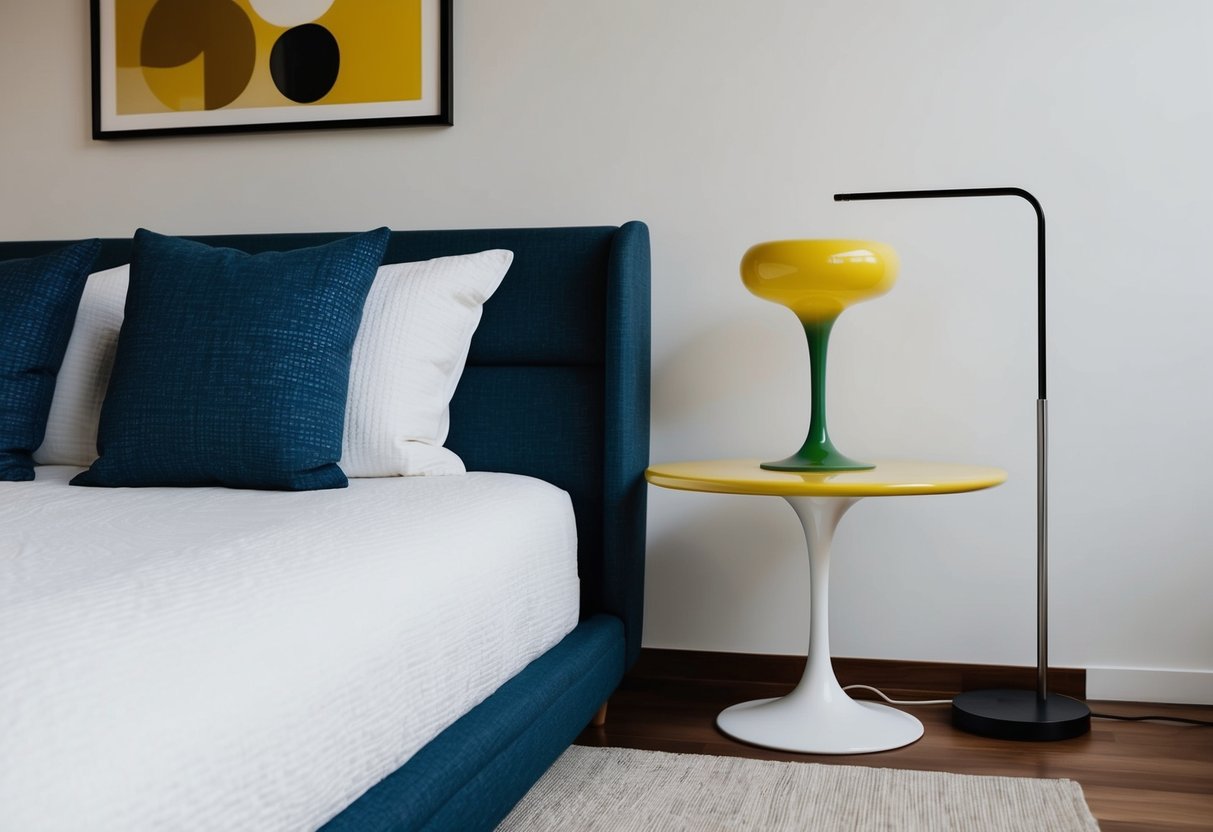 A midcentury bedroom with a Saarinen Tulip Side Table 18 as the focal point. Clean lines, minimalistic decor, and a retro color palette