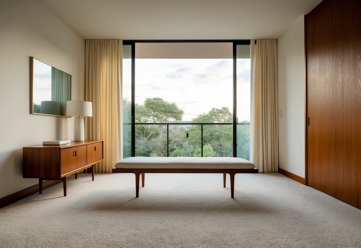 A midcentury bedroom with a George Nelson Bench 18 as the focal point. Clean lines, minimalistic design, and warm wood tones create a timeless and inviting atmosphere