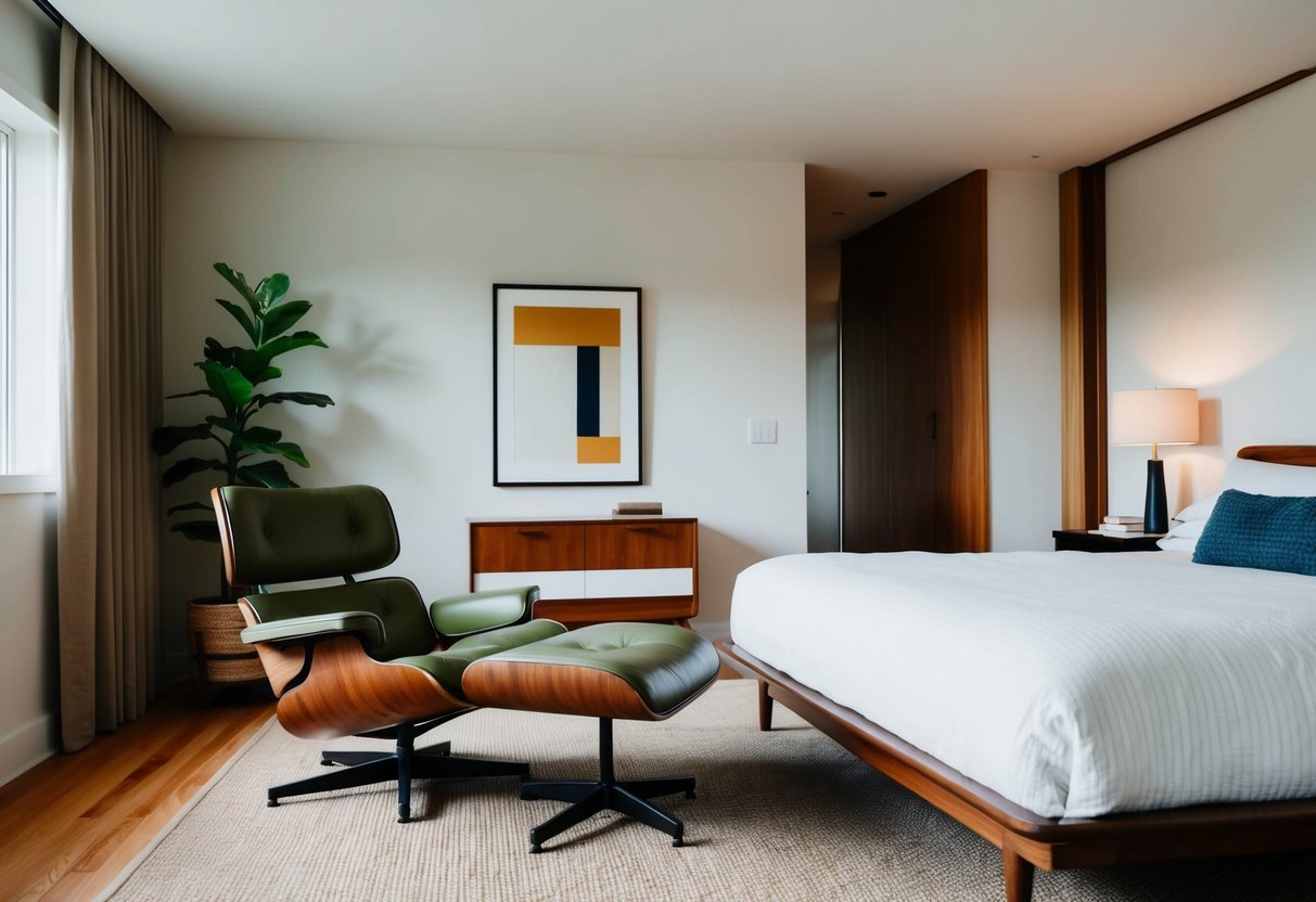 A midcentury bedroom with a Milo Baughman Lounge Chair 18 as the focal point. The room features clean lines, warm wood tones, and minimalistic decor