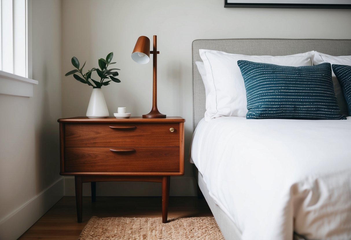 A Danish teak nightstand sits beside a midcentury bed in a stylish bedroom. The room is decorated with clean lines and minimalistic decor