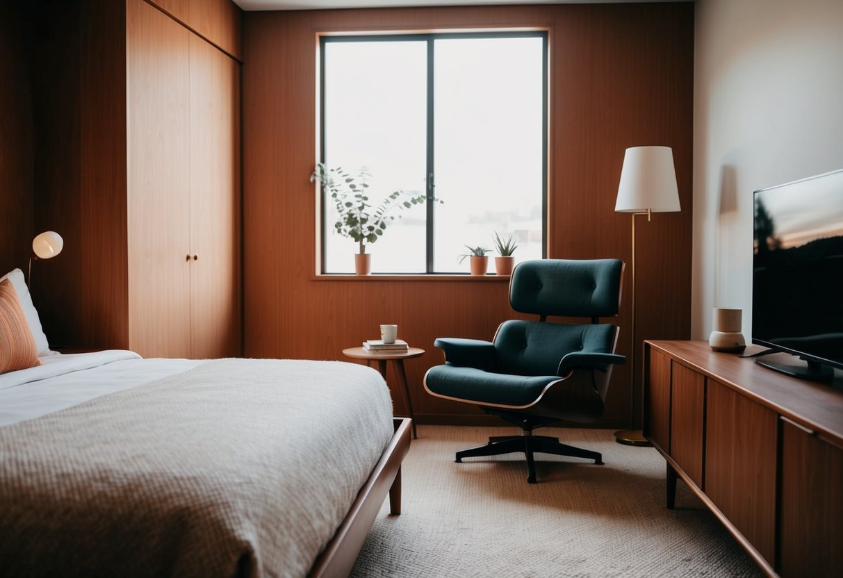 A cozy midcentury bedroom with a Cherner Chair 18 as the focal point. Warm wood tones, minimalistic decor, and soft lighting create a serene atmosphere