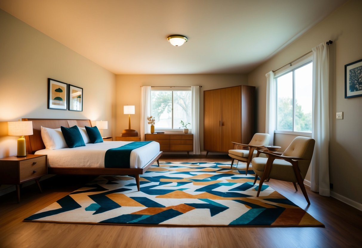 A midcentury bedroom with a retro geometric area rug as the focal point. The room features vintage furniture and decor, with warm, earthy tones and clean, minimalist lines