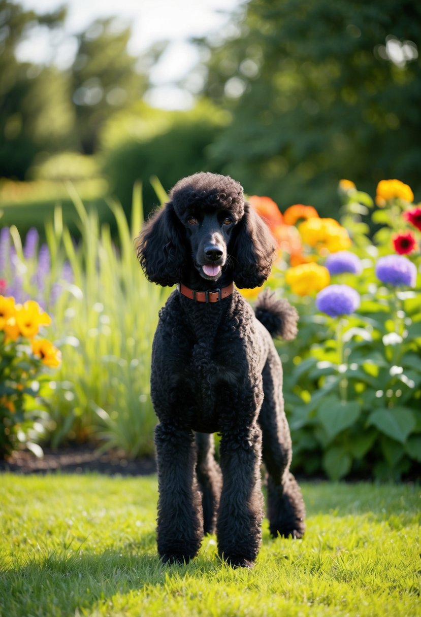 A black poodle standing in a lush garden, surrounded by colorful flowers and tall grass