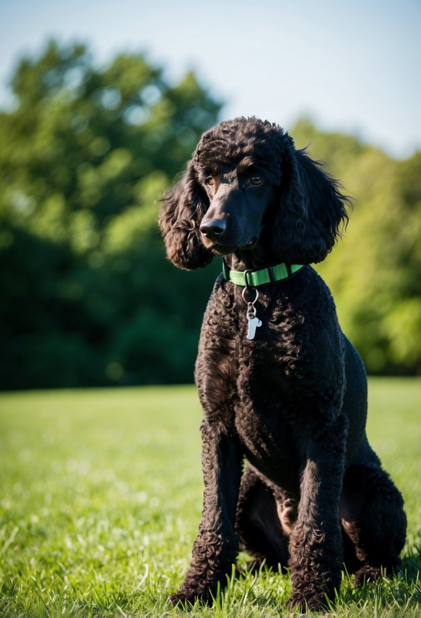 A black poodle sits on a green grassy field, its fur shining under the sunlight