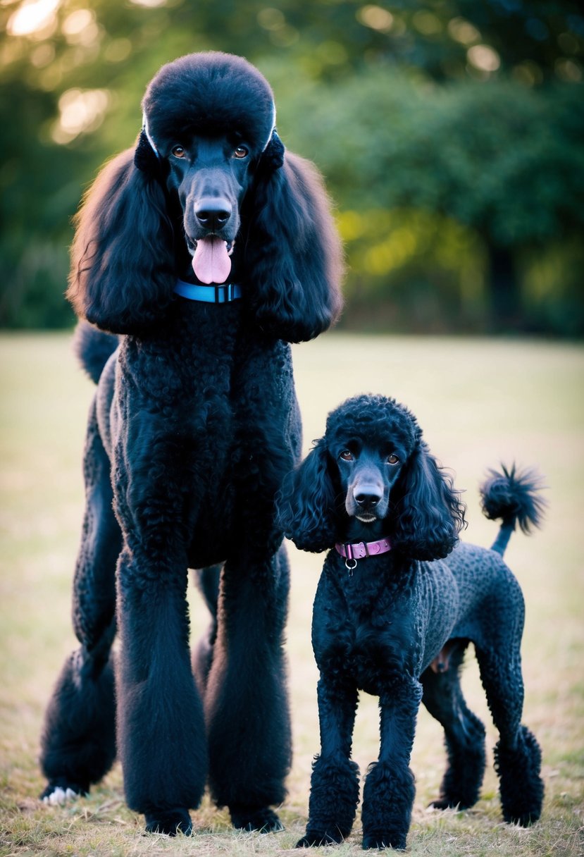 A black poodle stands tall next to a standard-sized poodle, showcasing its large size