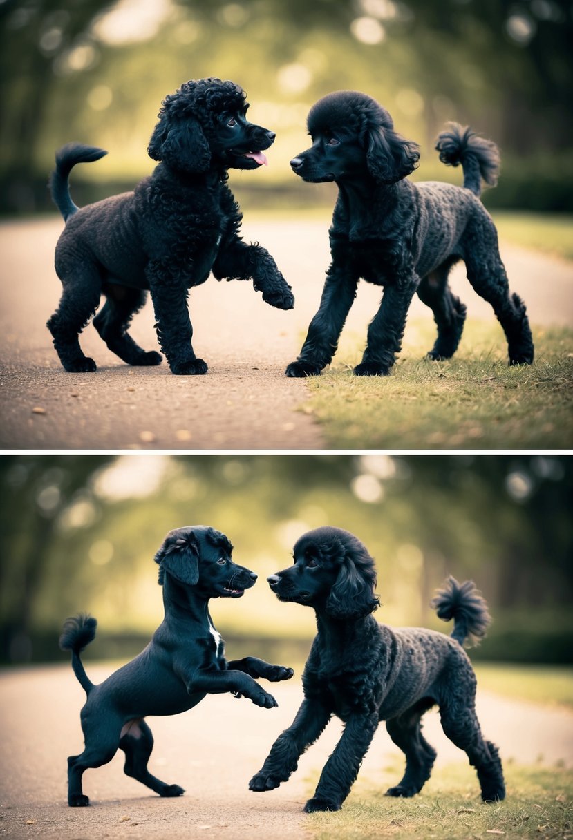 Two sets of black poodle puppies and black toy poodles playfully interact, showcasing the size and physical differences between the two breeds