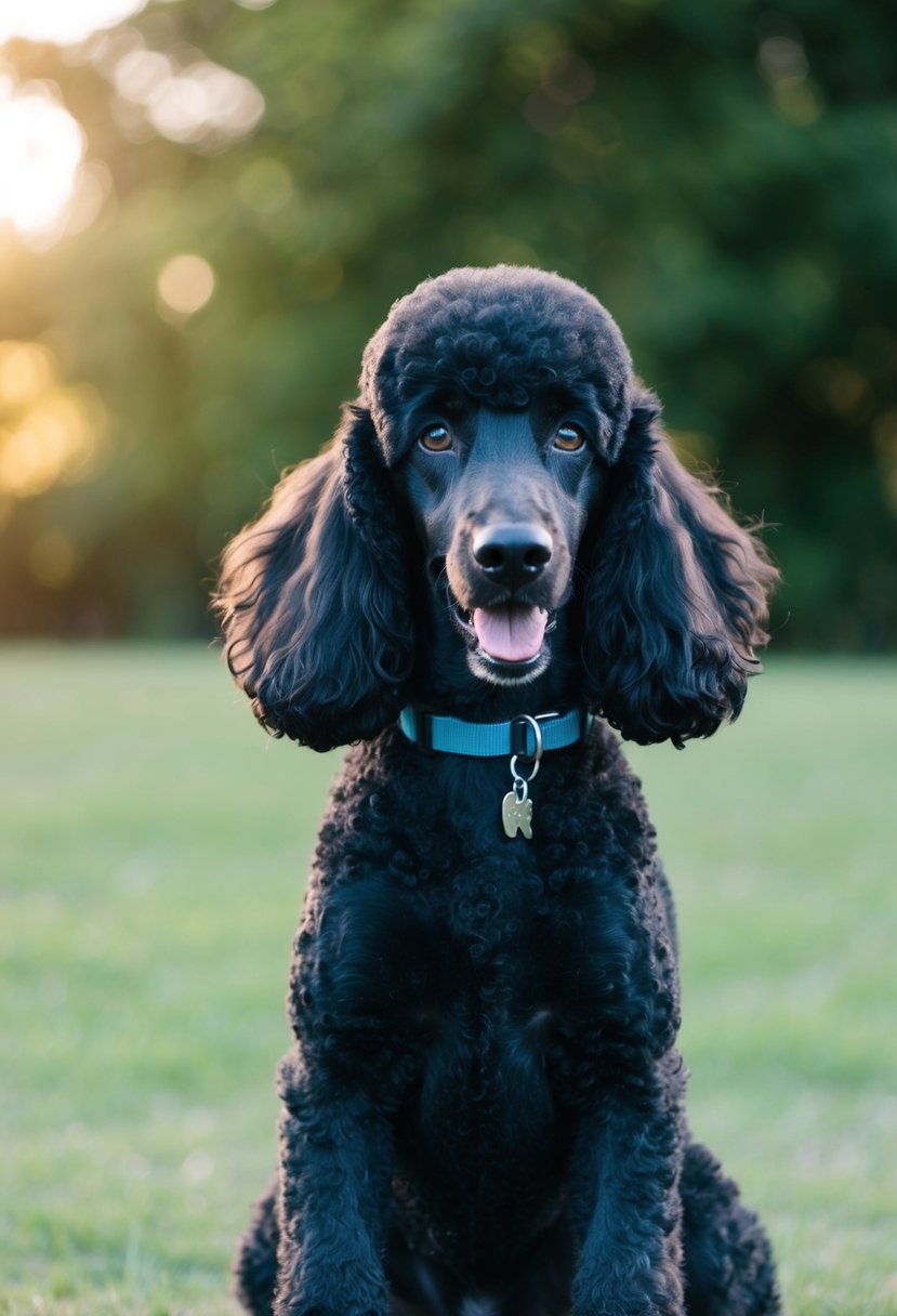 A black poodle sits calmly, ears perked, and tail wagging. It looks alert and friendly, with a confident and intelligent expression