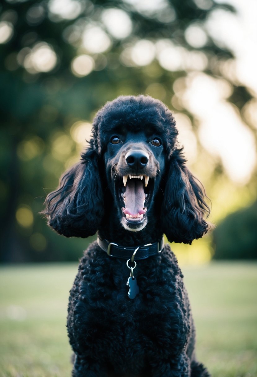 A black poodle bares its teeth, growling and snarling aggressively