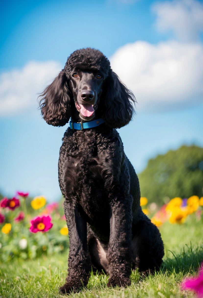 A black poodle sits on a grassy field, surrounded by colorful flowers and a bright blue sky. Its fur is shiny and well-groomed, and it looks alert and happy