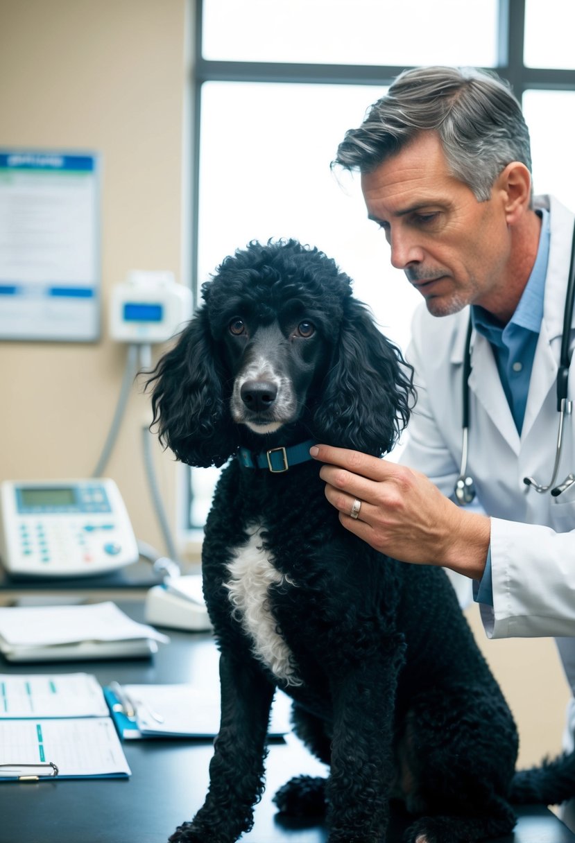 A black poodle with a curly coat sits at the vet's office, surrounded by medical equipment and charts. The veterinarian examines the dog with a concerned expression