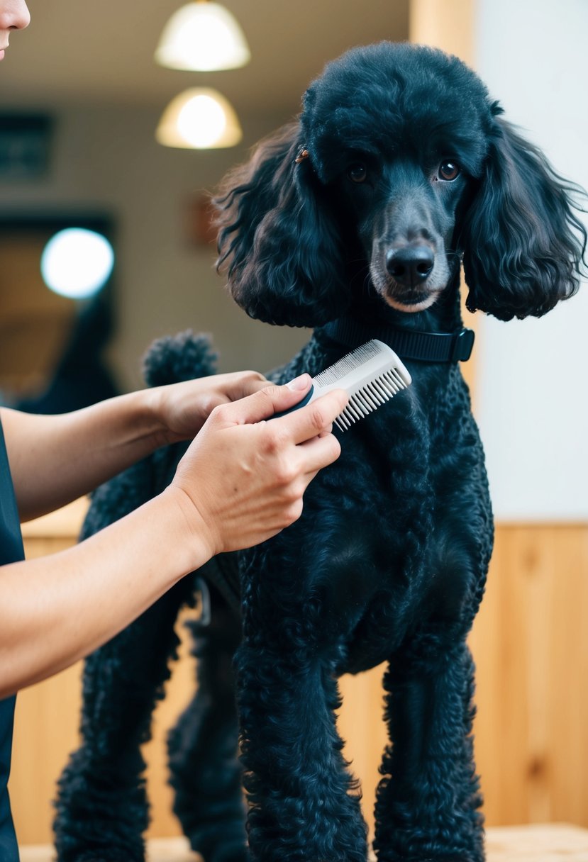 A person brushes a black poodle's fur, trimming and grooming it with care