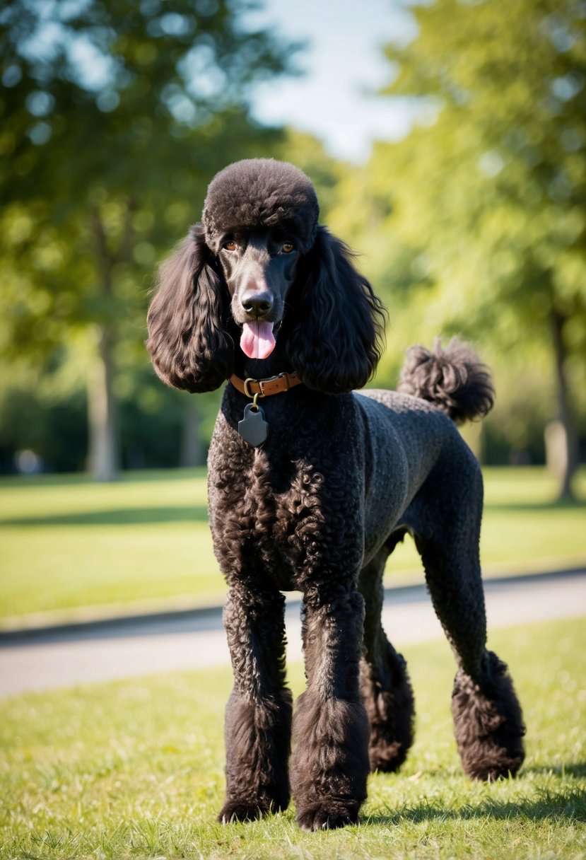 A black poodle stands in a sunny park, its coat shining in the light. Over time, the coat gradually fades to a lighter shade