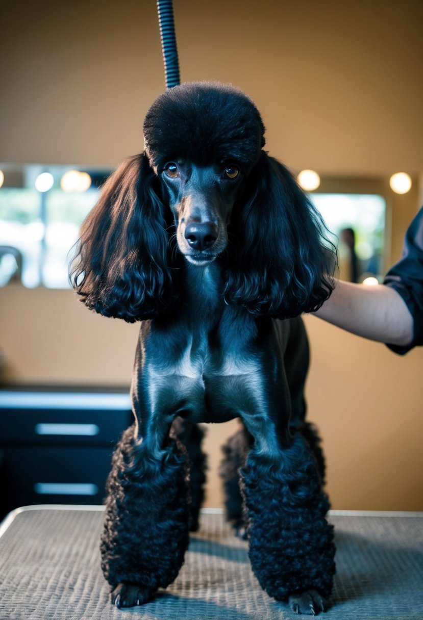 A black poodle stands on a groomer's table, its fur parted to reveal the skin underneath. The skin is a deep, dark shade of black