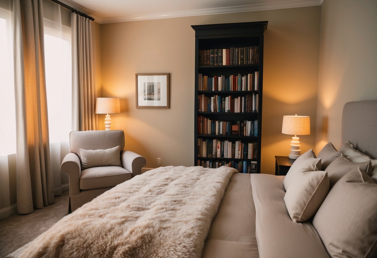 A warm, inviting bedroom with soft, neutral tones. A fluffy comforter adorns the bed, while warm lighting creates a cozy ambiance. A bookshelf filled with books and a plush armchair complete the tranquil scene