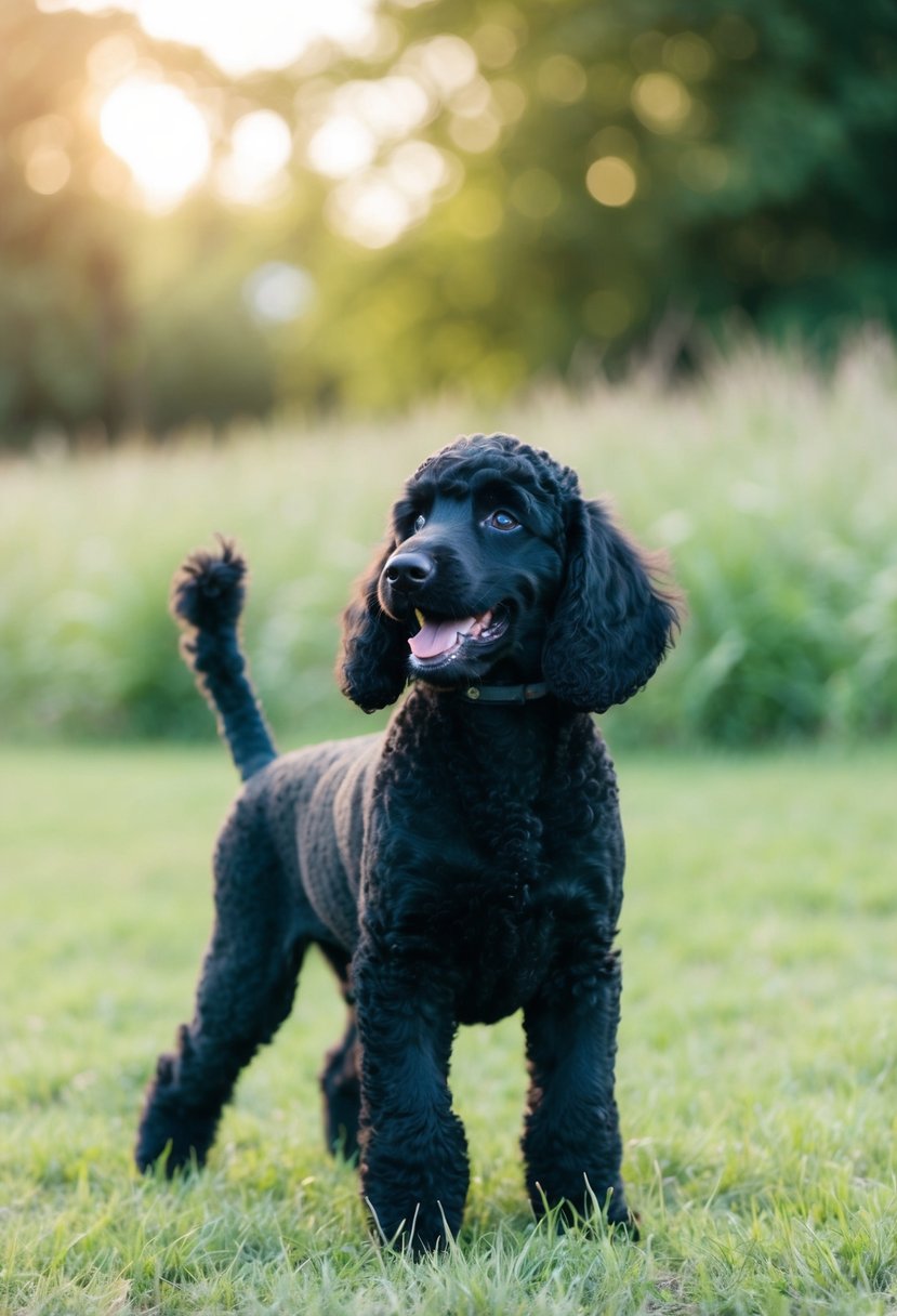 A black standard poodle puppy stands on a grassy field, looking up with bright eyes and a wagging tail